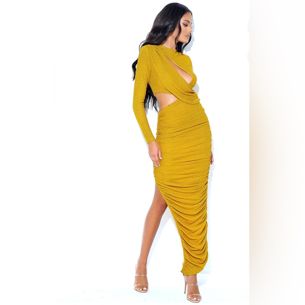 Gold Long Sleeve Metallic Jersey Cutout Dress